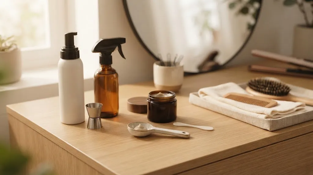 A professional setup of hair styling products showing the importance of using the right amount for hair setting.