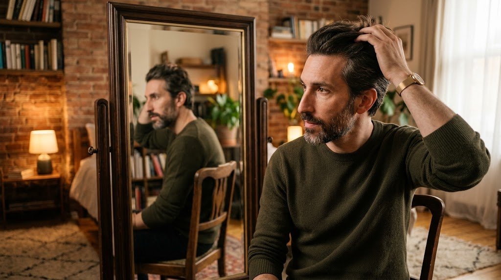 A modern man with an elongated long face shape looking into a mirror, evaluating his hairstyle and hair volume proportions.