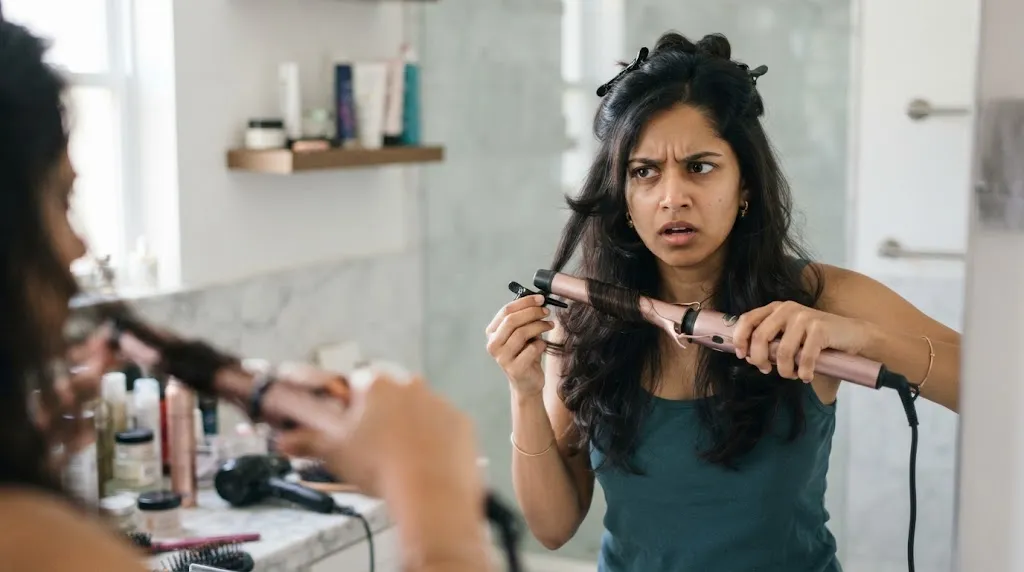 A woman managing everyday hair styling challenges and frizz with long Indian front hair layers in front of a mirror