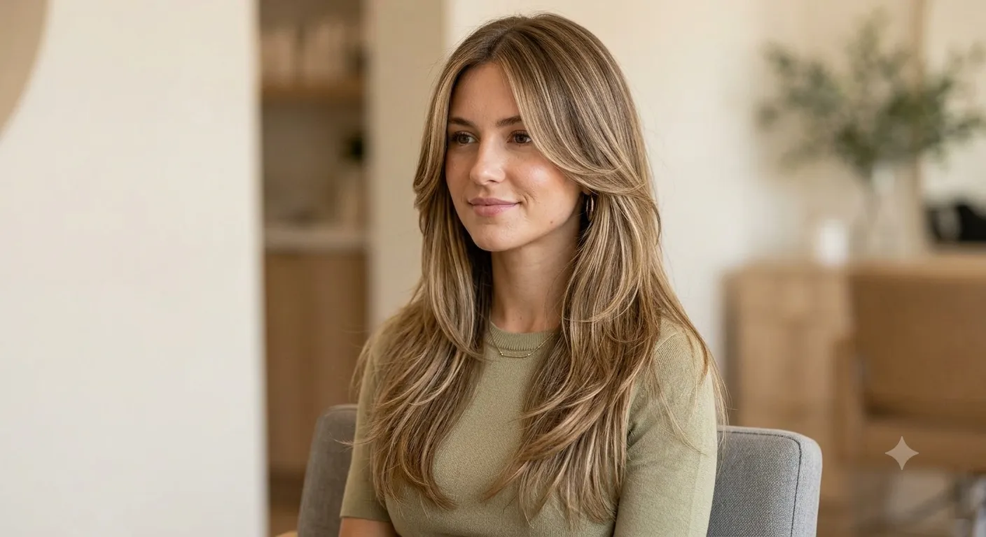 Real portrait of a woman with a long layered haircut showing soft face-framing layers starting at the chin and cascading down her chest without text overlays.