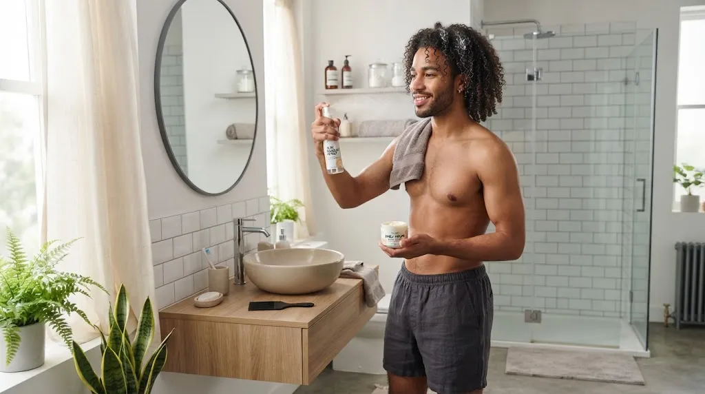 A man refreshing his natural curly hair with a spray bottle in a modern bathroom