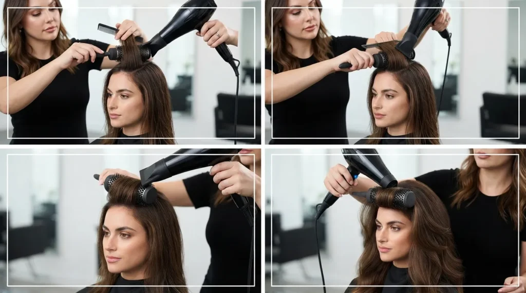 Hairdresser performing round brush blow dry method to create root lift and volume