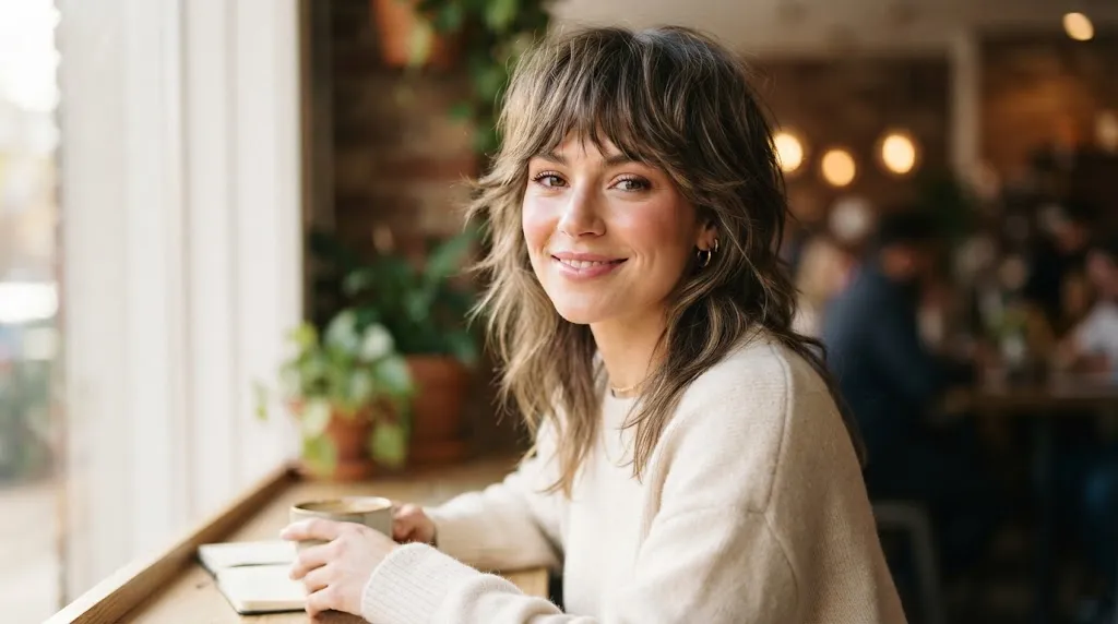 A woman with modern shaggy front hair layers and face-framing texture for long hair