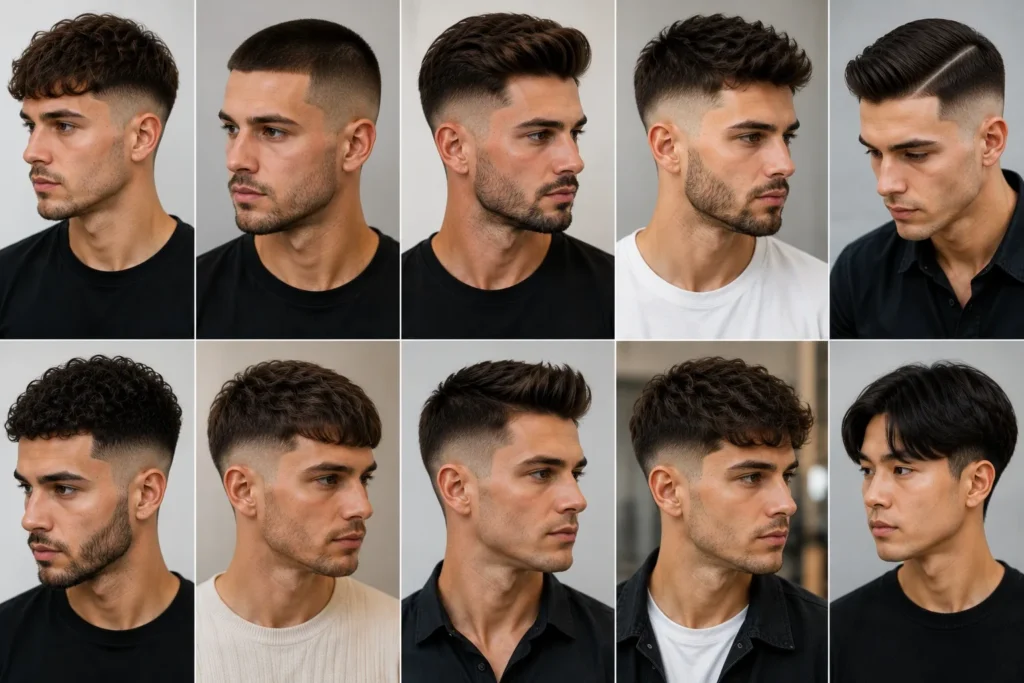 Modern short haircuts for men featuring buzz cuts, fades, textured tops, pompadours, and clean structured styles