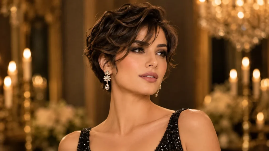 Mid-length voluminous retro shag waves with mid-shaft body styled on a woman with a long face shape