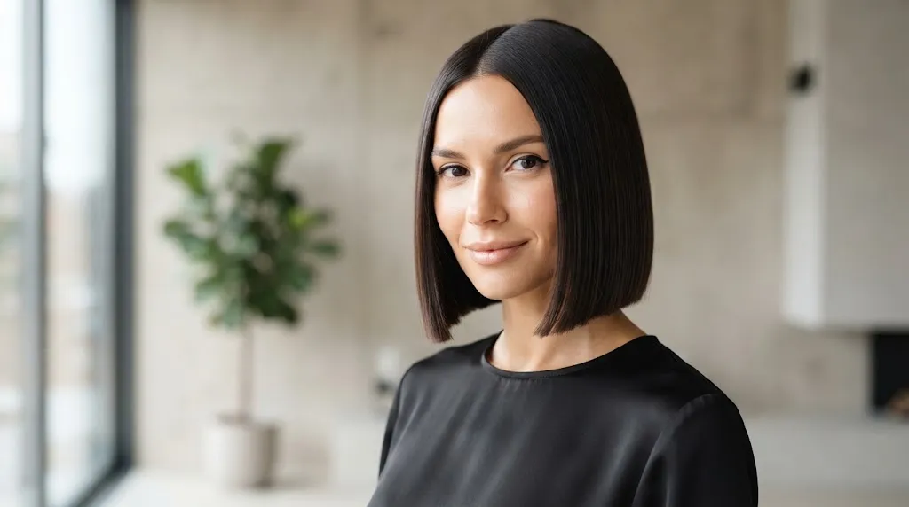 A woman with a sleek and trendy short straight bob haircut showcasing healthy, high-shine hair.