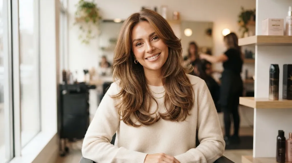 A woman with beautiful shoulder-length layered hair showing soft natural movement and texture