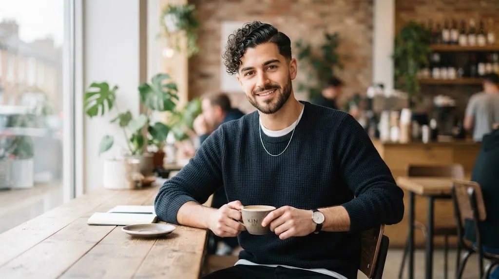 A stylish man with a defined side-parted curly hairstyle and natural texture