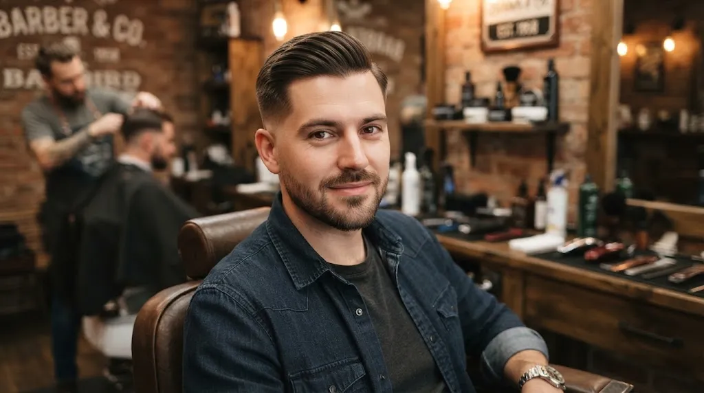 Close-up portrait of a man with a clean side-parted style and a natural normal slope haircut in a barber shop