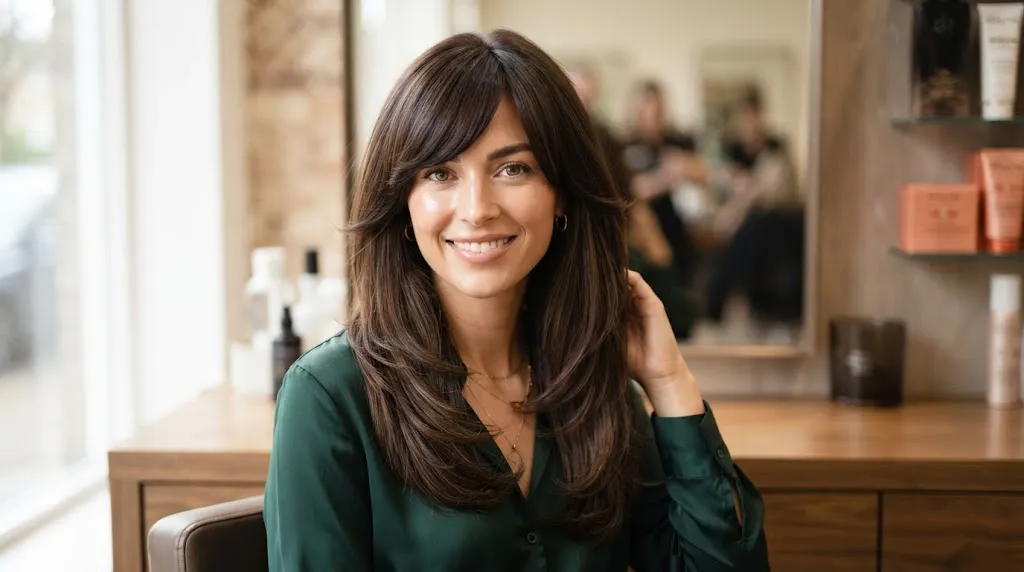A woman showcasing a gorgeous deep side-swept fringe hair cut framing her face elegantly