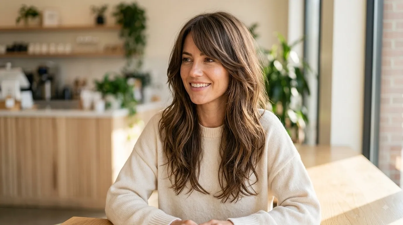 Wide 16:9 photographic portrait of a woman showcasing side-swept long layers with a deep side part and smooth face-framing movement without text.