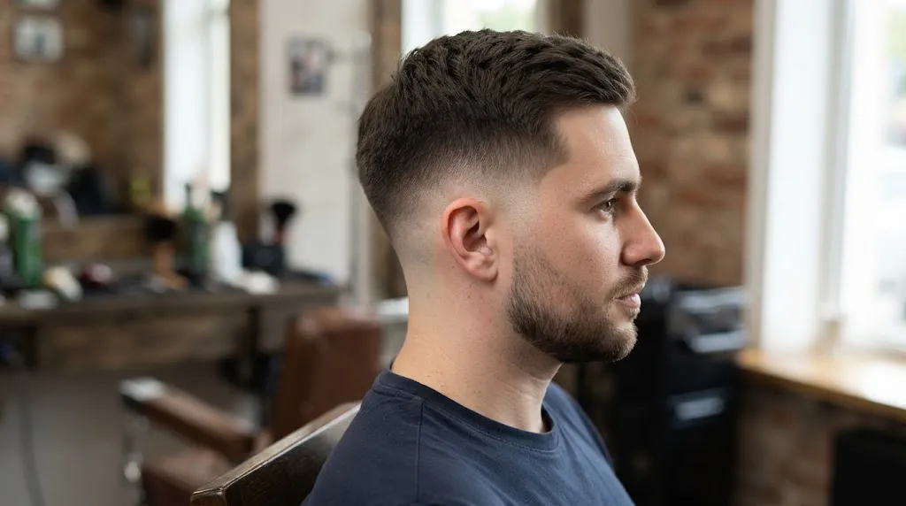 Side profile view of a man showing the gradual transition and natural side weight of a normal slope haircut.