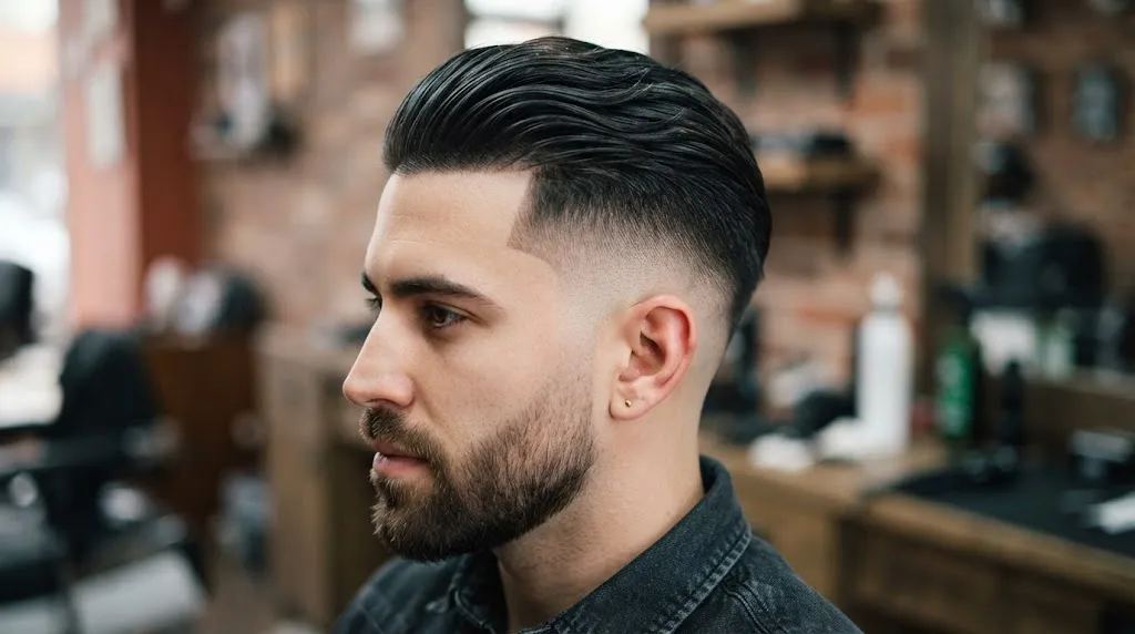 A close-up view of a stylish slick back undercut haircut showing the clean fade and polished directional hair flow.