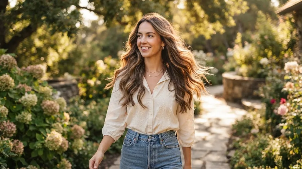 A woman with beautiful soft waves and layered hair showcasing natural movement and texture