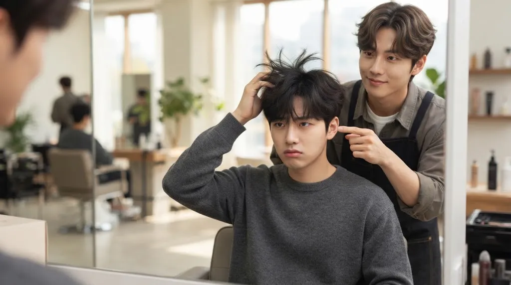 A young Asian man in a salon mirror reflection looking frustrated with his messy Korean hairstyle while a professional stylist points out the solution.
