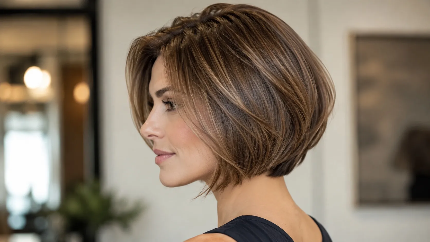 Stacked bob haircut with hidden internal layers for crown volume and lift
