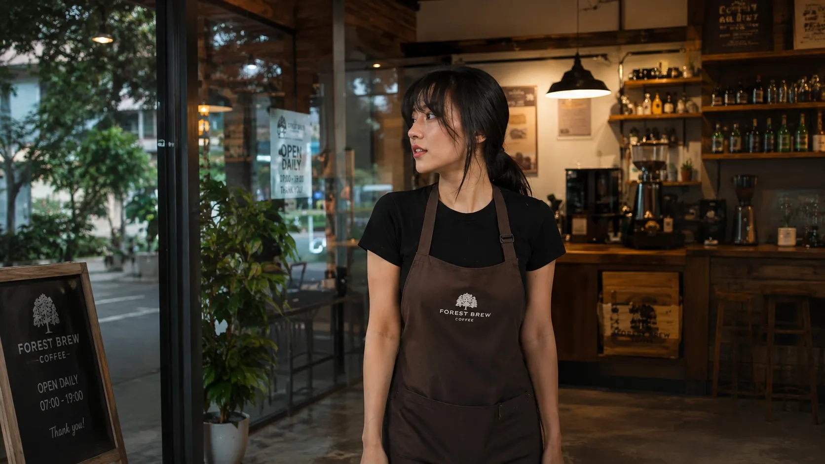 Ultra-high-resolution wide 16:9 landscape photo of a young woman with straight-across blunt bangs and long layered hair in a warm caf&eacute; background without text.