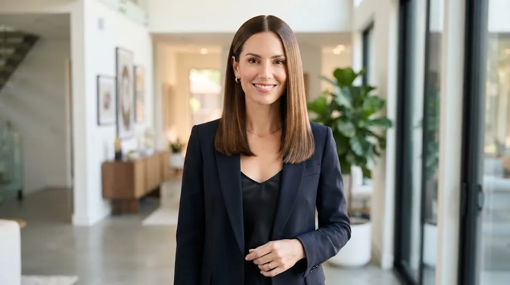 A woman with a polished, straight, and sleek medium-length haircut showcasing smooth, glossy hair texture.