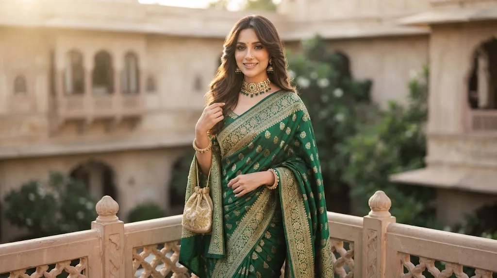 Woman with long hair featuring soft front-framing layers beautifully styled with an elegant Indian saree
