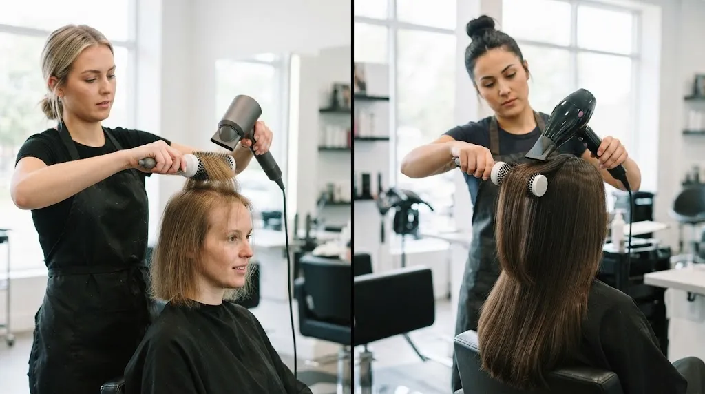 A professional hair salon comparison showing volume-boosting techniques for thin hair on the left and bulk-control styling for thick hair on the right.