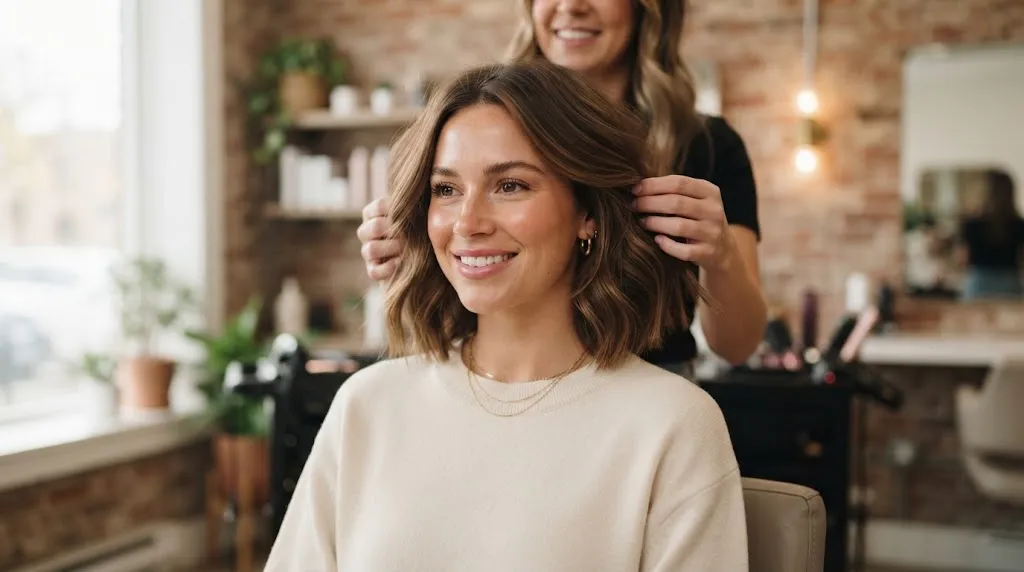 A stylish girl with a professional medium-length haircut showing a beautiful transition from a short bob, perfect for 2026 hair trends.