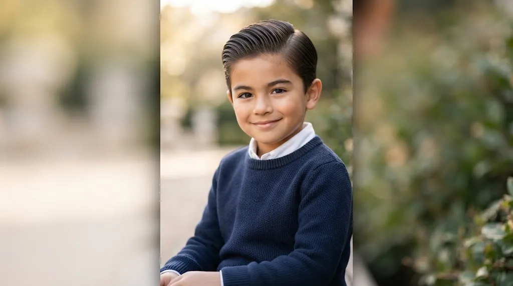 A young boy with a modern, clean back-swept hairstyle, showcasing a trendy and well-groomed look for boys.