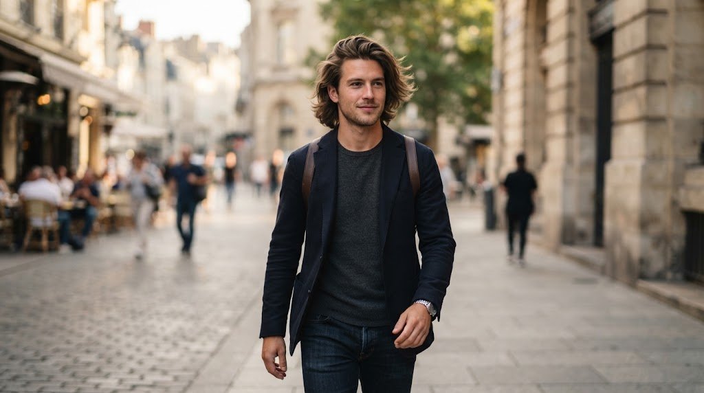 Man with a relaxed medium-length bro flow haircut swept back over ears