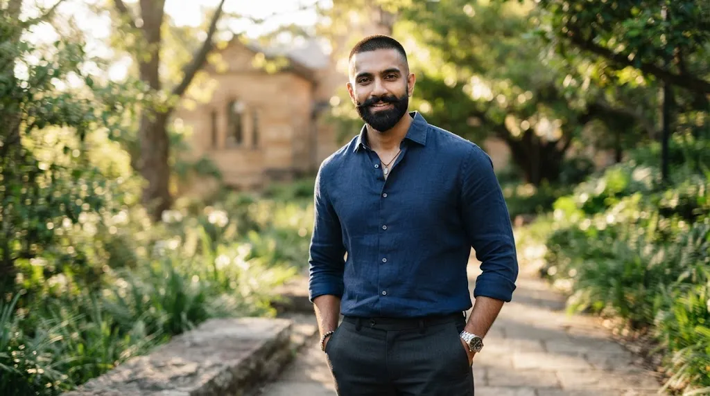 An Indian man wearing a bold #1 buzz cut paired with a well-groomed full beard for a masculine look