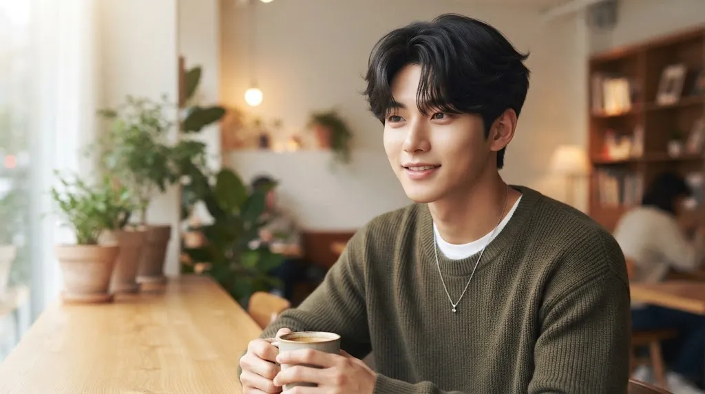 A close-up portrait of a young Asian man with thick, dark, voluminous hair styled in a modern Korean curtain haircut, sitting in a cafe.