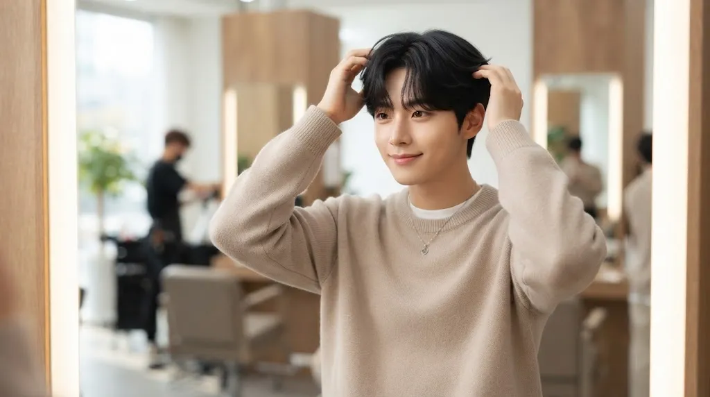 A fashionable young Korean man with dark, trendy hair, wearing a beige sweater, looking confidently at his reflection in a mirror in a professional salon.