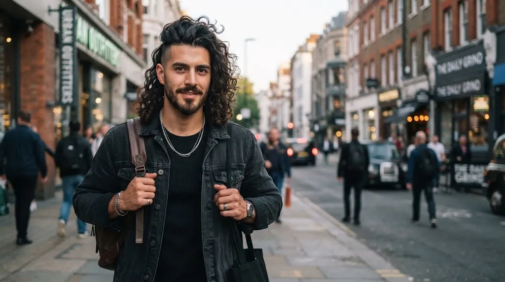 A modern man showcasing a stylish long curly undercut hairstyle with shaved sides and voluminous curls on top