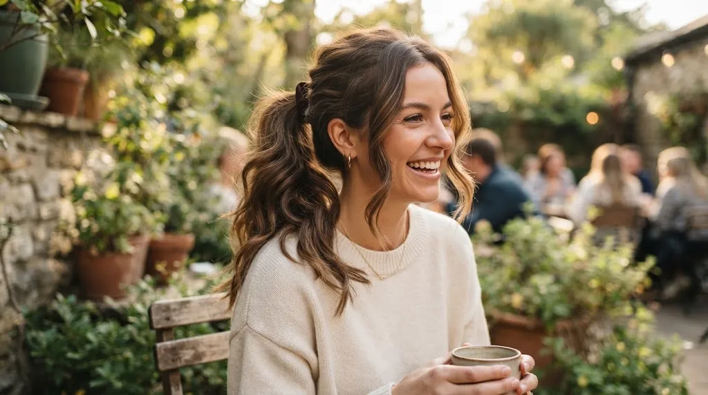 A woman with a stylish medium-length ponytail hairstyle showing volume and face-framing layers