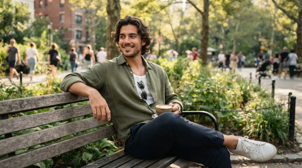 Young man with a trendy medium length textured hairstyle looking stylish in a casual urban outfit