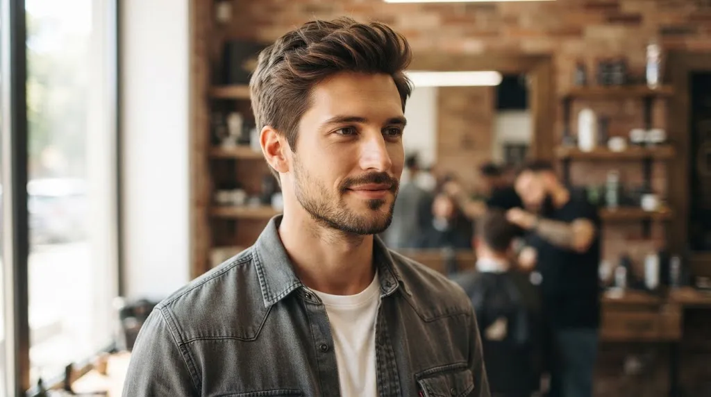 A well-groomed man with a longer face shape sporting a modern, balanced normal slope haircut in a barbershop.