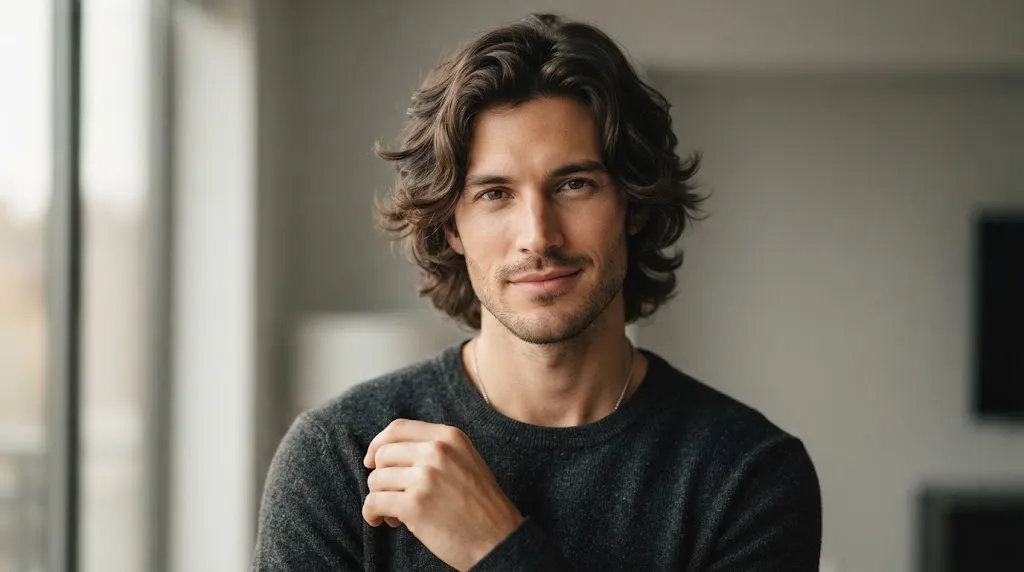 A man with a long face shape wearing a modern, textured shaggy layered haircut that adds side volume.