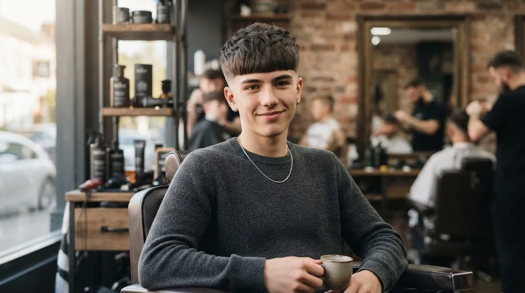 A teenage boy with a long face shape wearing a textured fringe crop haircut that creates horizontal balance and covers the forehead.