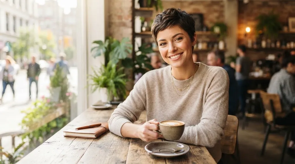 A confident woman with a modern textured short pixie haircut designed to soften angular jawlines for square face shapes