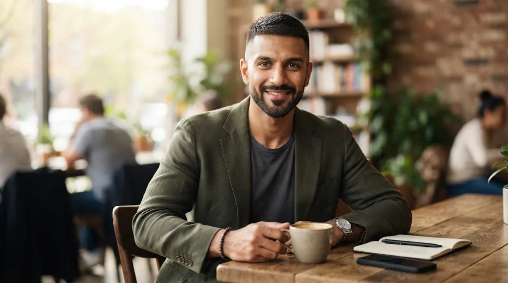 Indian man with a stylish textured buzz cut and a well-groomed short boxed beard