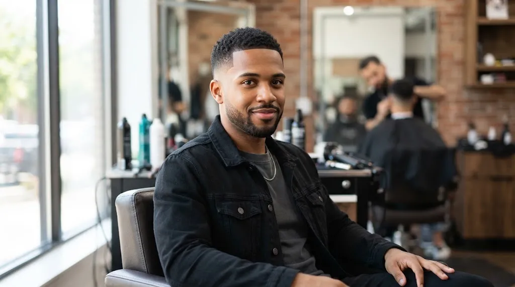 A stylish man with a short textured buzz cut and clean fade on curly hair