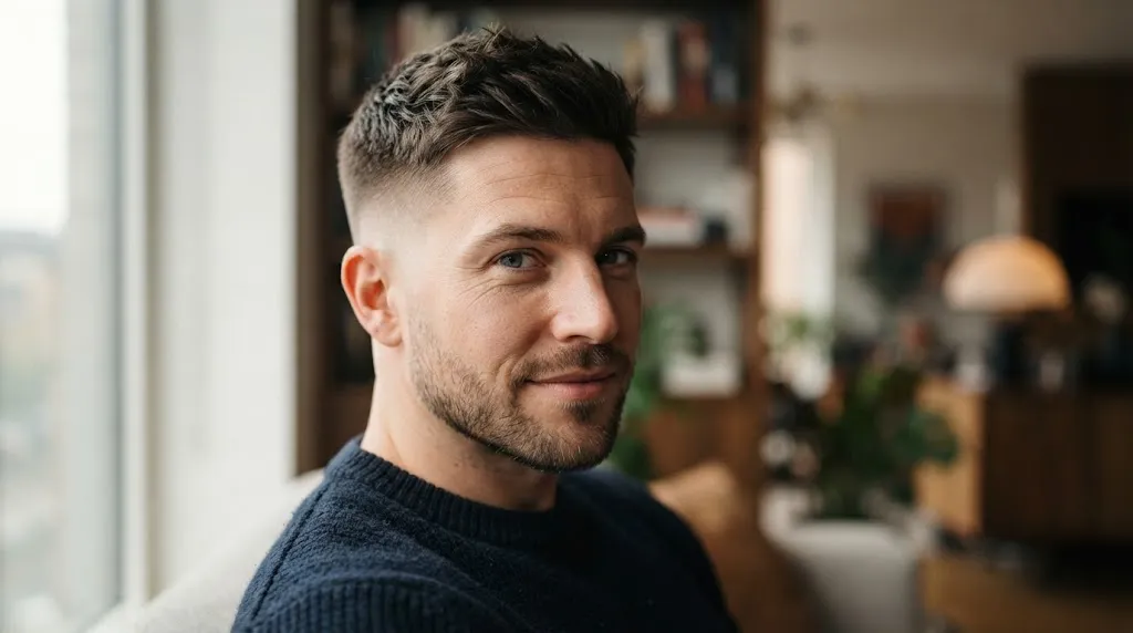 A man with a stylish textured crew cut and professional side fade, perfect for balancing an oblong face shape.