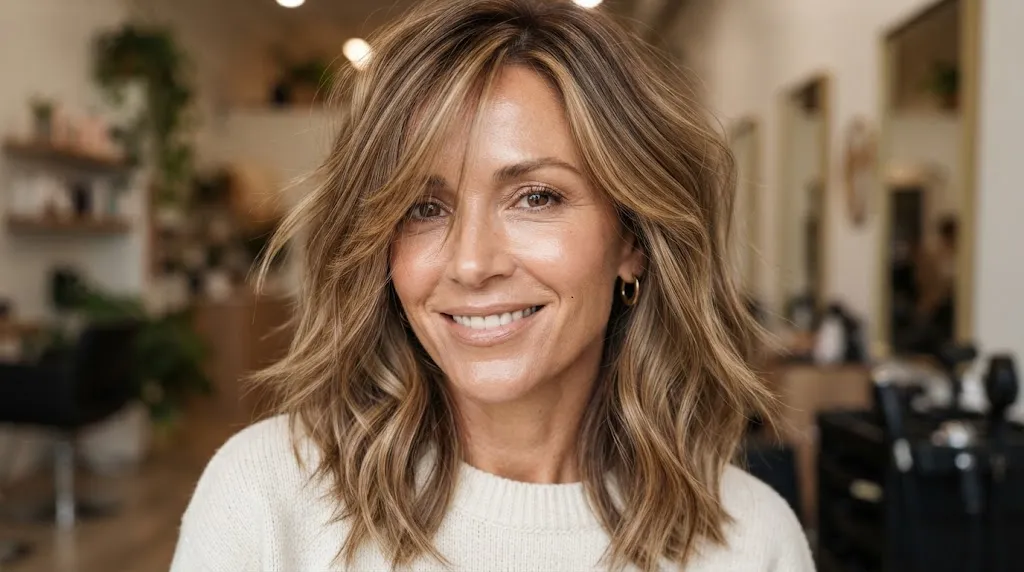 A woman with a medium-length haircut featuring textured layers and natural movement, showcasing volume and modern styling.