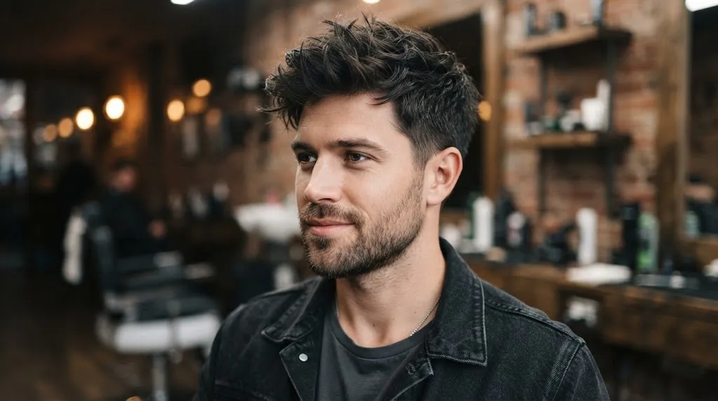A man with a modern textured messy top hairstyle and short faded sides, styled for a long face shape.