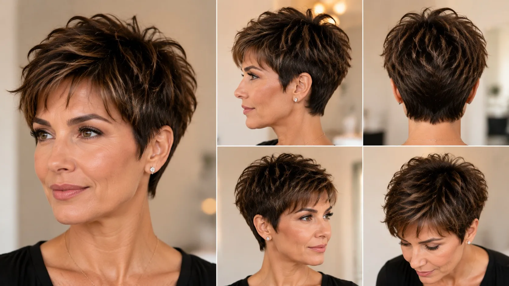Textured pixie haircut with choppy top layers for volume on short hair