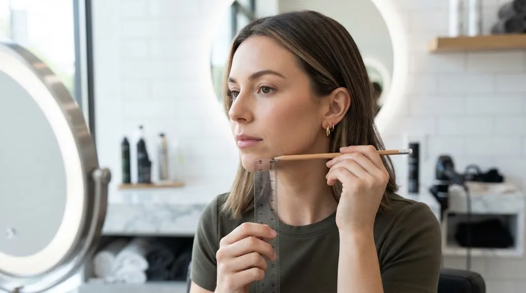 A person measuring their jawline with a pencil and ruler to see if short hair like a pixie or bob suits their facial proportions.