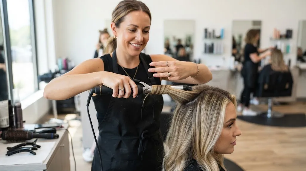 A hair stylist demonstrating the 3-hair rule by measuring section thickness against a curling iron barrel.