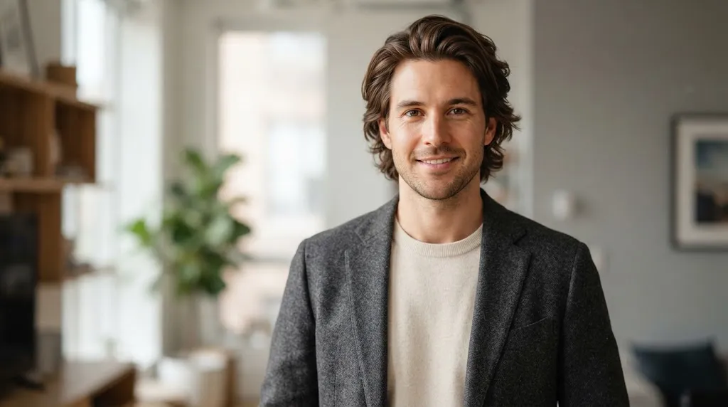 A man with a casual flow split medium-length hairstyle, featuring thick wavy hair with a natural off-center part and textured volume.