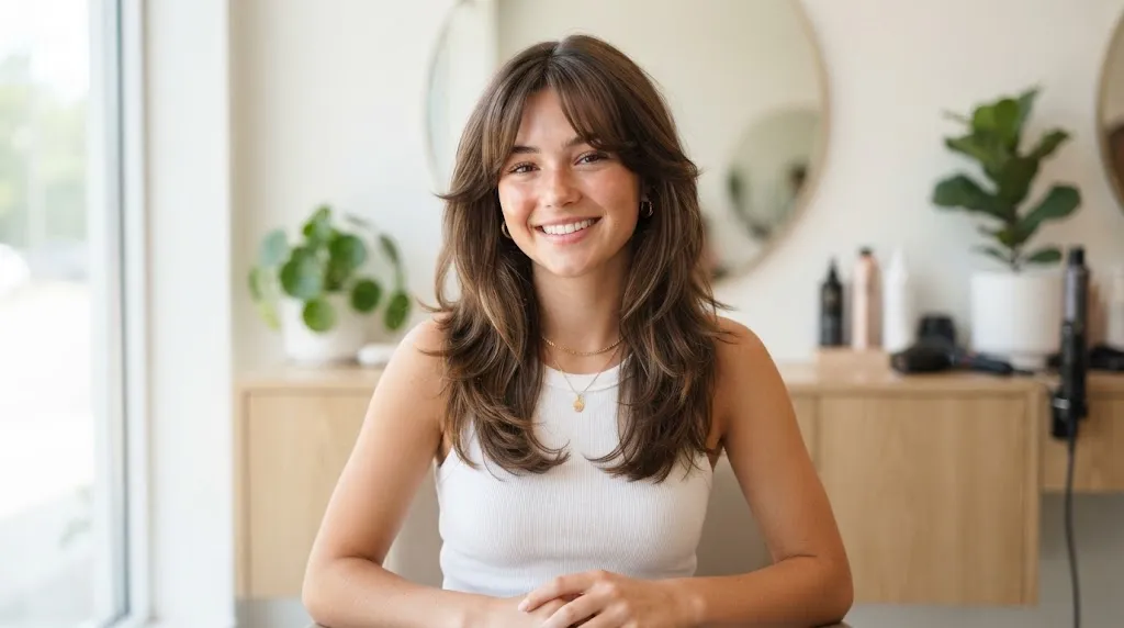 A teenage girl with a stylish mid-chest length layered haircut and soft curtain bangs for a modern look.