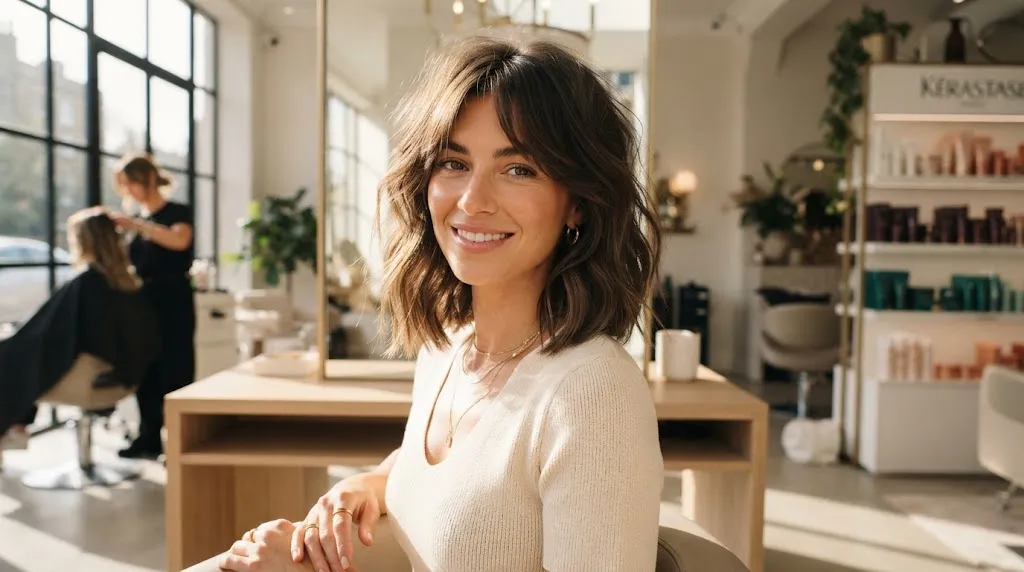 A stylish woman showcasing a trendy medium-length layered haircut with natural volume and texture for 2026