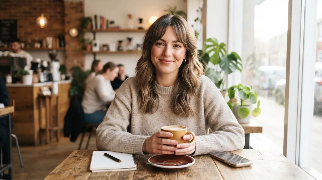 A stylish woman with a medium-length haircut and soft curtain bangs smiling in a bright setting