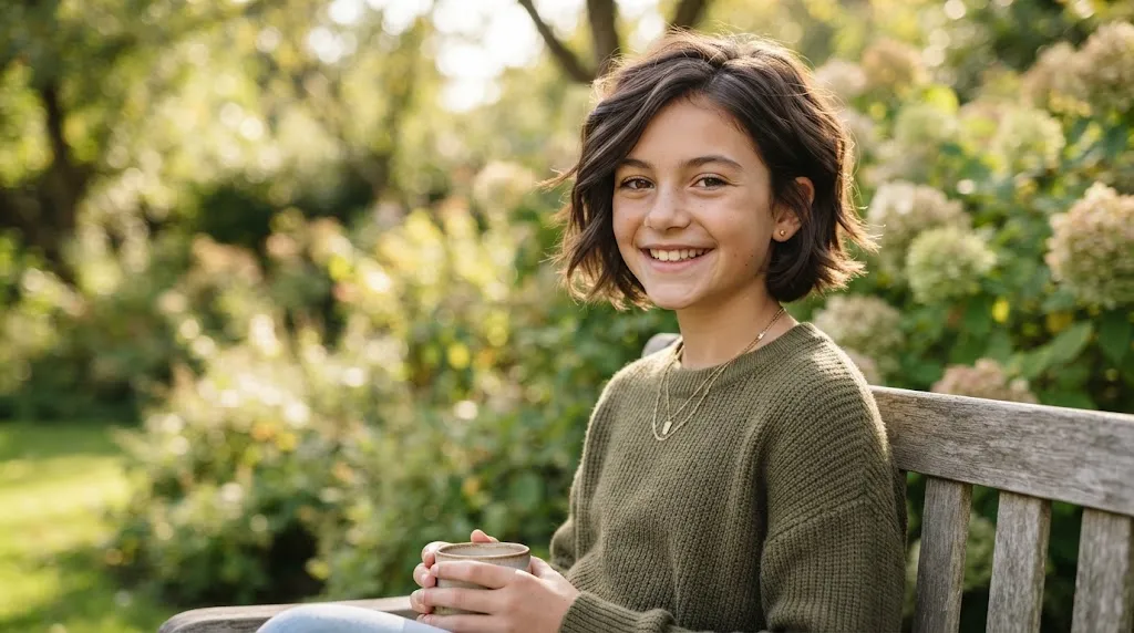 Beautiful girl with a modern and stylish short haircut, showcasing soft texture and trendy styling.
